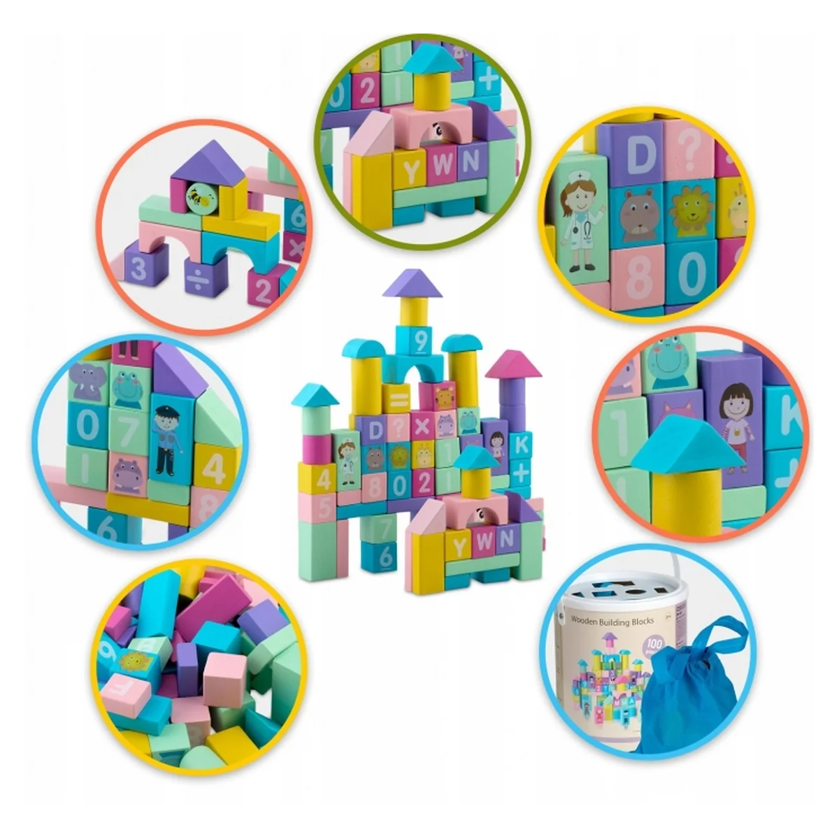 Set educational cu blocuri din lemn, 100 bucati, Ricokids [5]