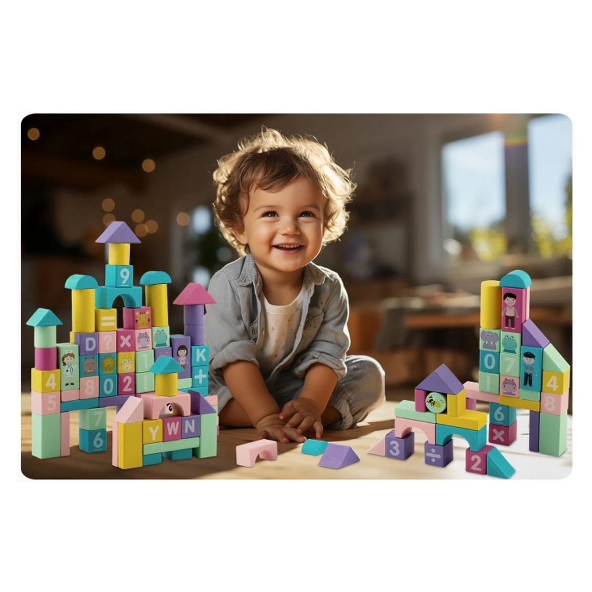 Set educational cu blocuri din lemn, 100 bucati, Ricokids [3]