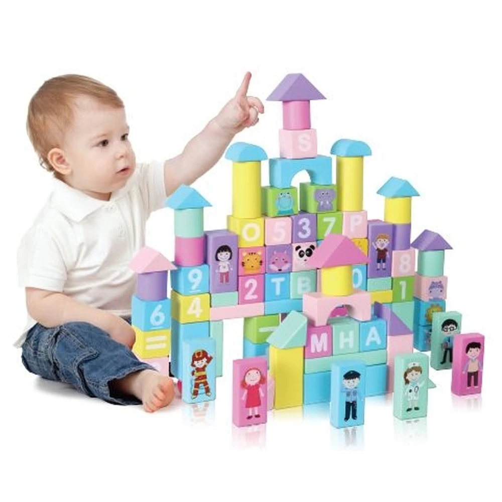 Set Educational Cu Blocuri Din Lemn Colorate 100 pcs [3]