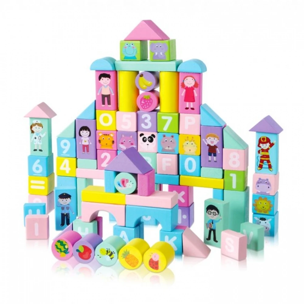 Set Educational Cu Blocuri Din Lemn Colorate 100 pcs [4]