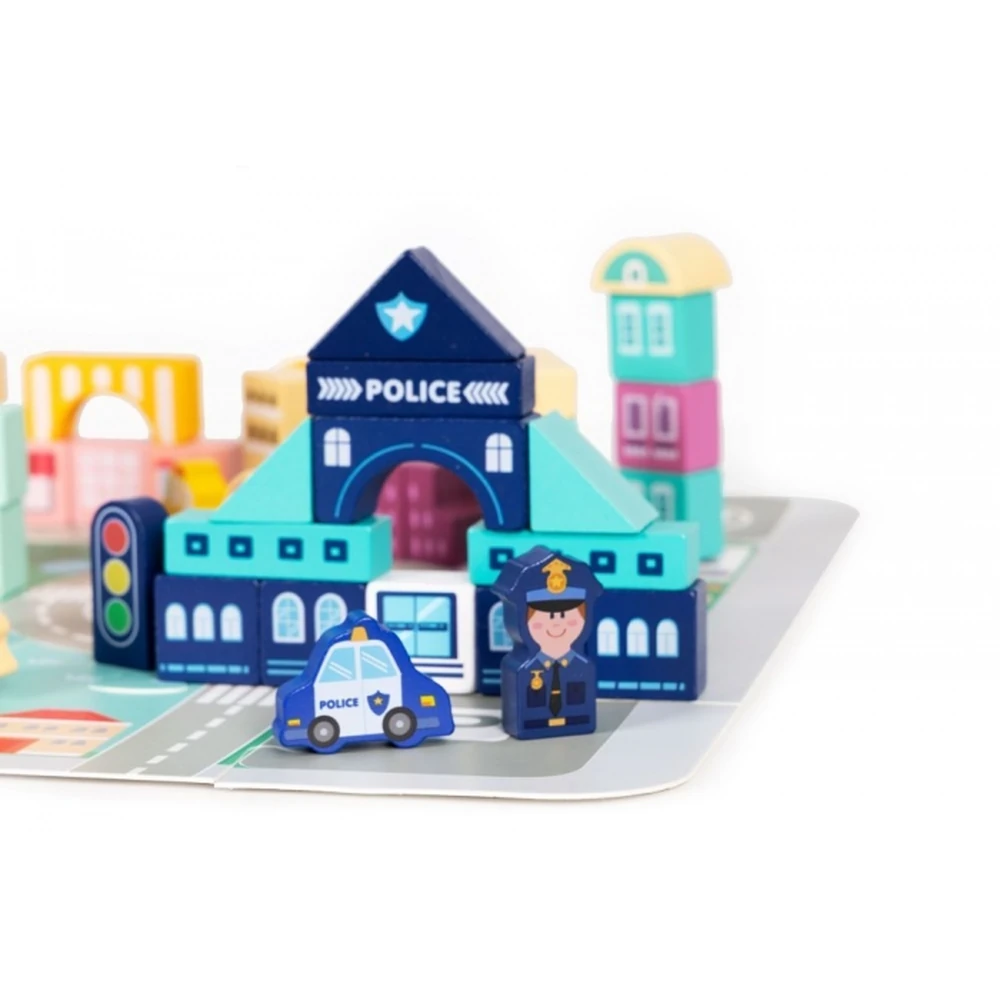 Set educational cu blocuri din lemn si covoras, 121 piese, City Ecotoys [3]