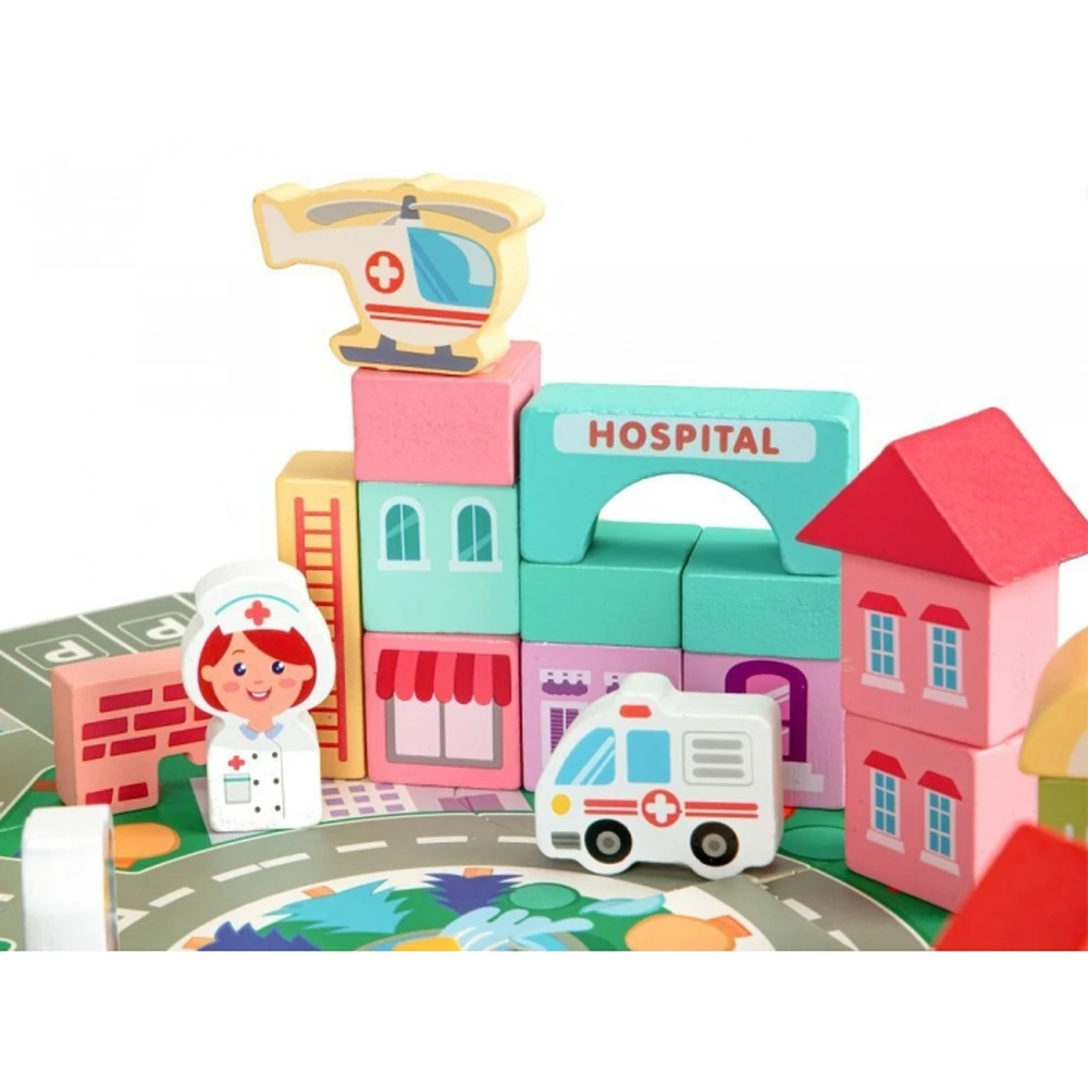 Set educational cu blocuri din lemn si covoras, 121 piese, City Ecotoys [5]