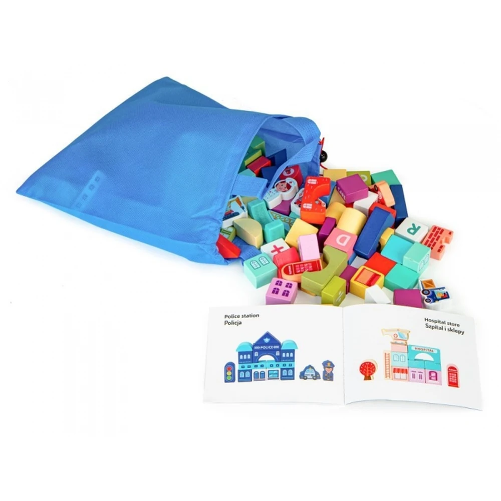 Set educational cu blocuri din lemn si covoras, 121 piese, City Ecotoys [4]