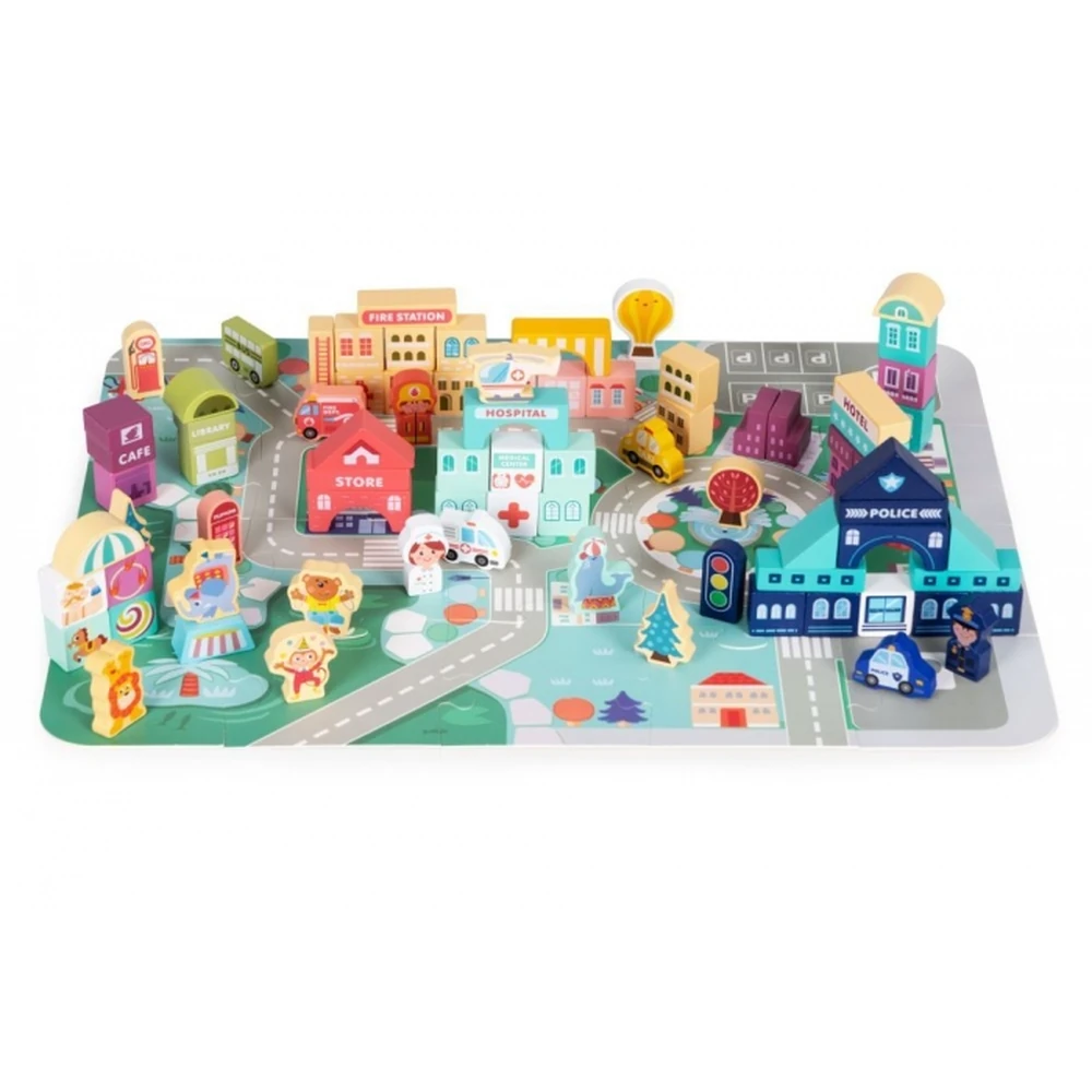 Set educational cu blocuri din lemn si covoras, 121 piese, City Ecotoys [2]
