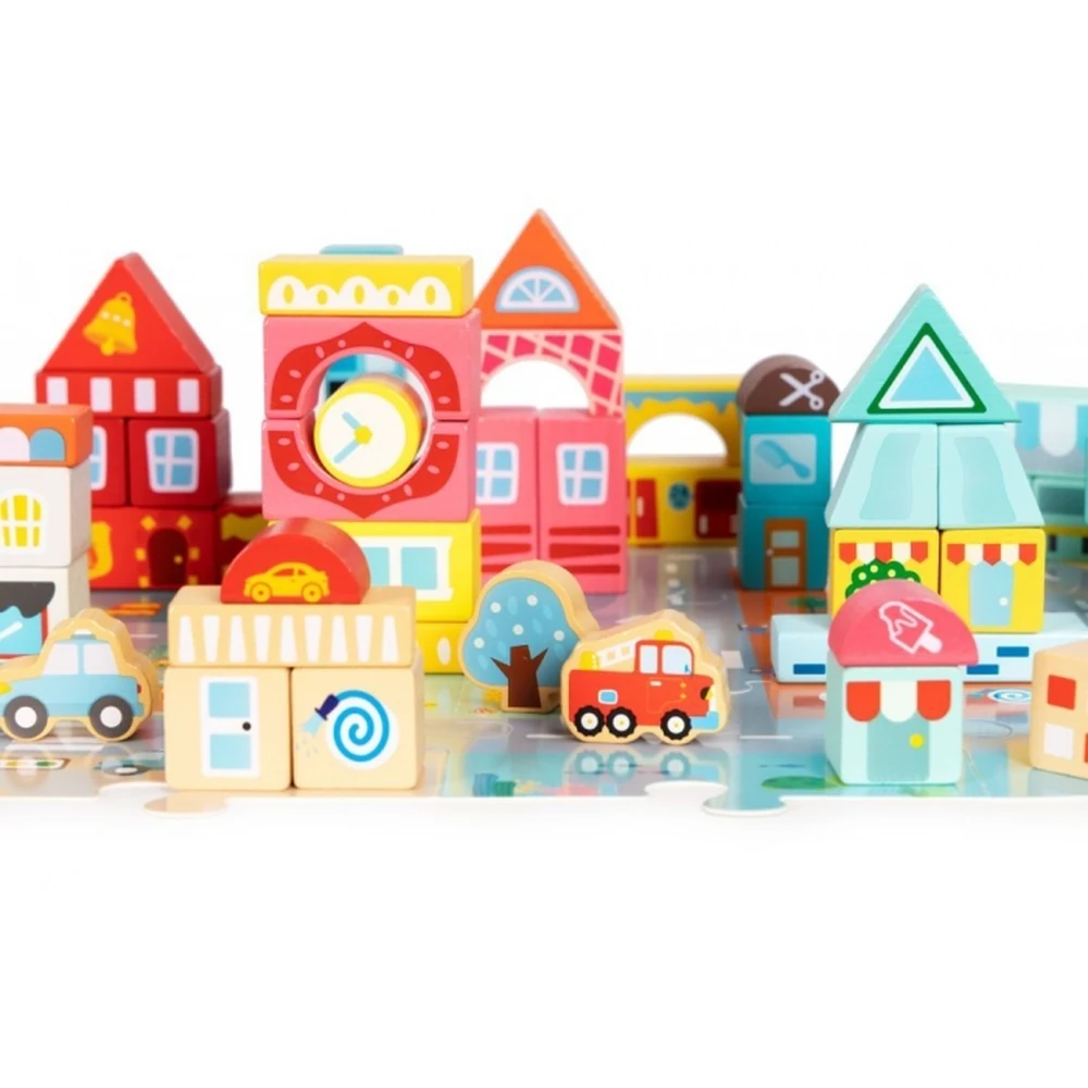 Set educational cu blocuri din lemn si covoras tip puzzle, 88 piese, City Ecotoys [2]