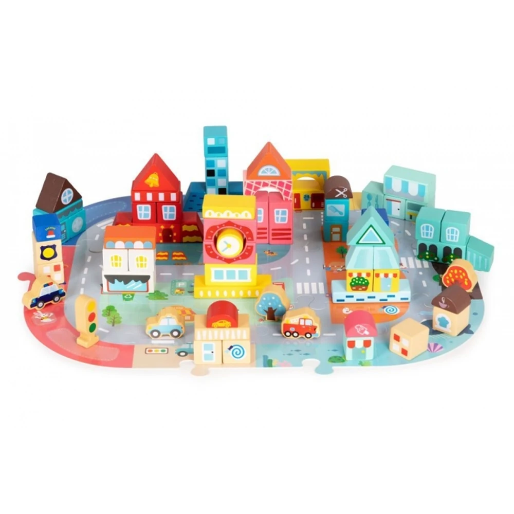 Set educational cu blocuri din lemn si covoras tip puzzle, 88 piese, City Ecotoys [1]