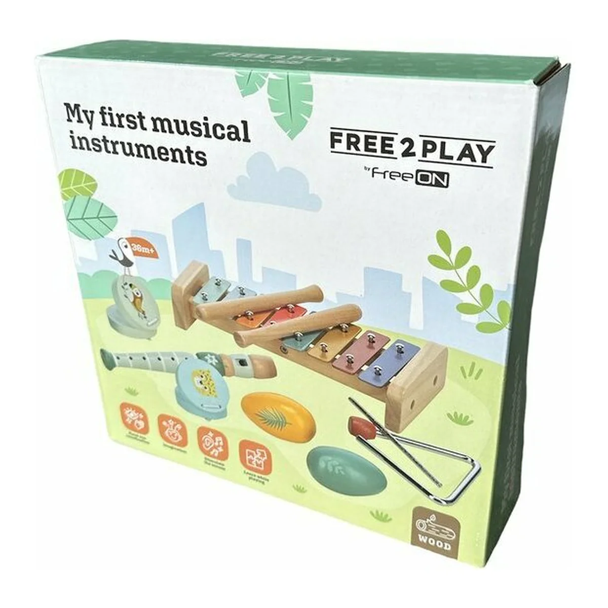 Set instrumente muzicale, Free2Play, 5 in 1, Contine xilofon, Fluier, Din lemn, Conform cu standardul european de securitate EN71/123, 3 ani+, Multicolor [6]