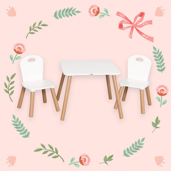 Set masuta si doua scaune, FreeON, Athena, Pentru copii, Din lemn, Alb [2]