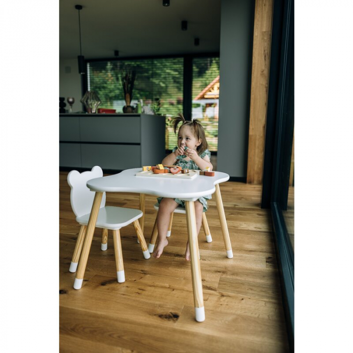 Set masuta si doua scaune, FreeON, Bear, Pentru copii, Din lemn, Alb [6]