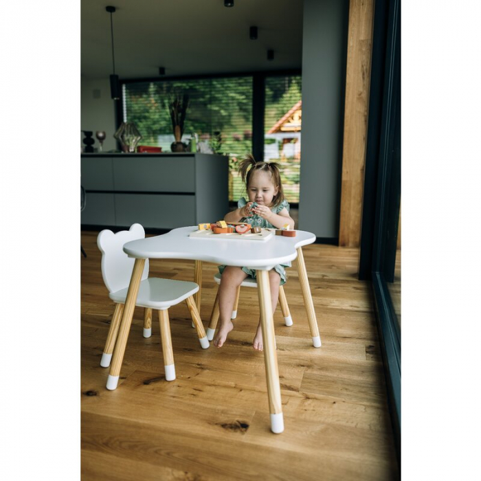 Set masuta si doua scaune, FreeON, Bear, Pentru copii, Din lemn, Alb [5]
