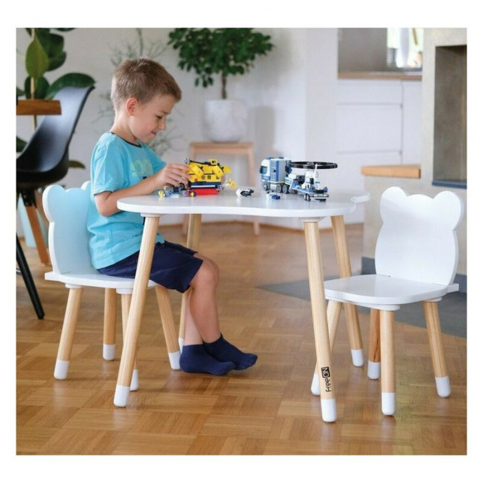 Set masuta si doua scaune, FreeON, Bear, Pentru copii, Din lemn, Alb [7]