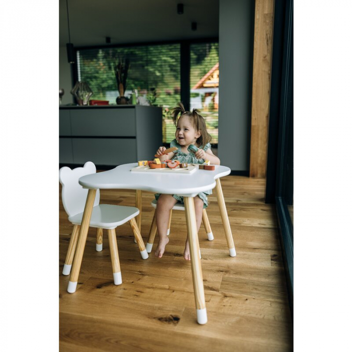 Set masuta si doua scaune, FreeON, Bear, Pentru copii, Din lemn, Alb [4]