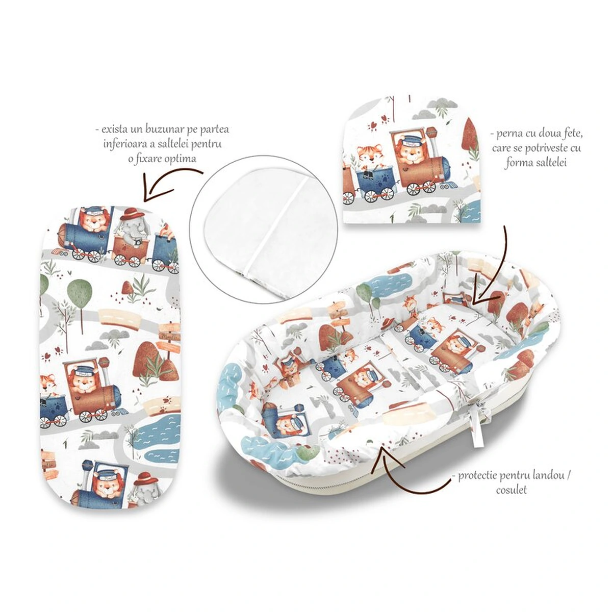 Set pentru landou/cosulet, MimiNu, Cu protectie, saltea si pernuta, Zoo in train [2]