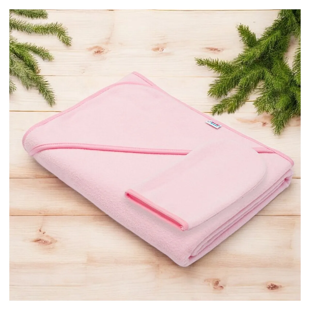 Set prosop cu gluga si manusa baie, New Baby, 100 x 100 cm, Basic, Pink [2]