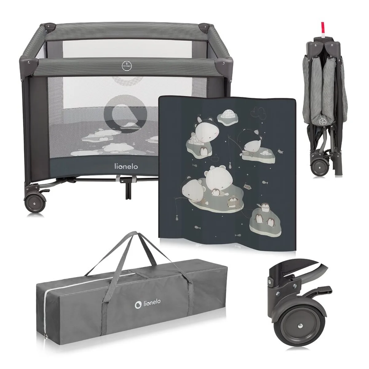 Tarc de joaca copii, Lionelo, Bonnie, Pana la 15 kg, 100 x 100 cm, Cu roti, salteluta din spuma, Gri inchis [15]