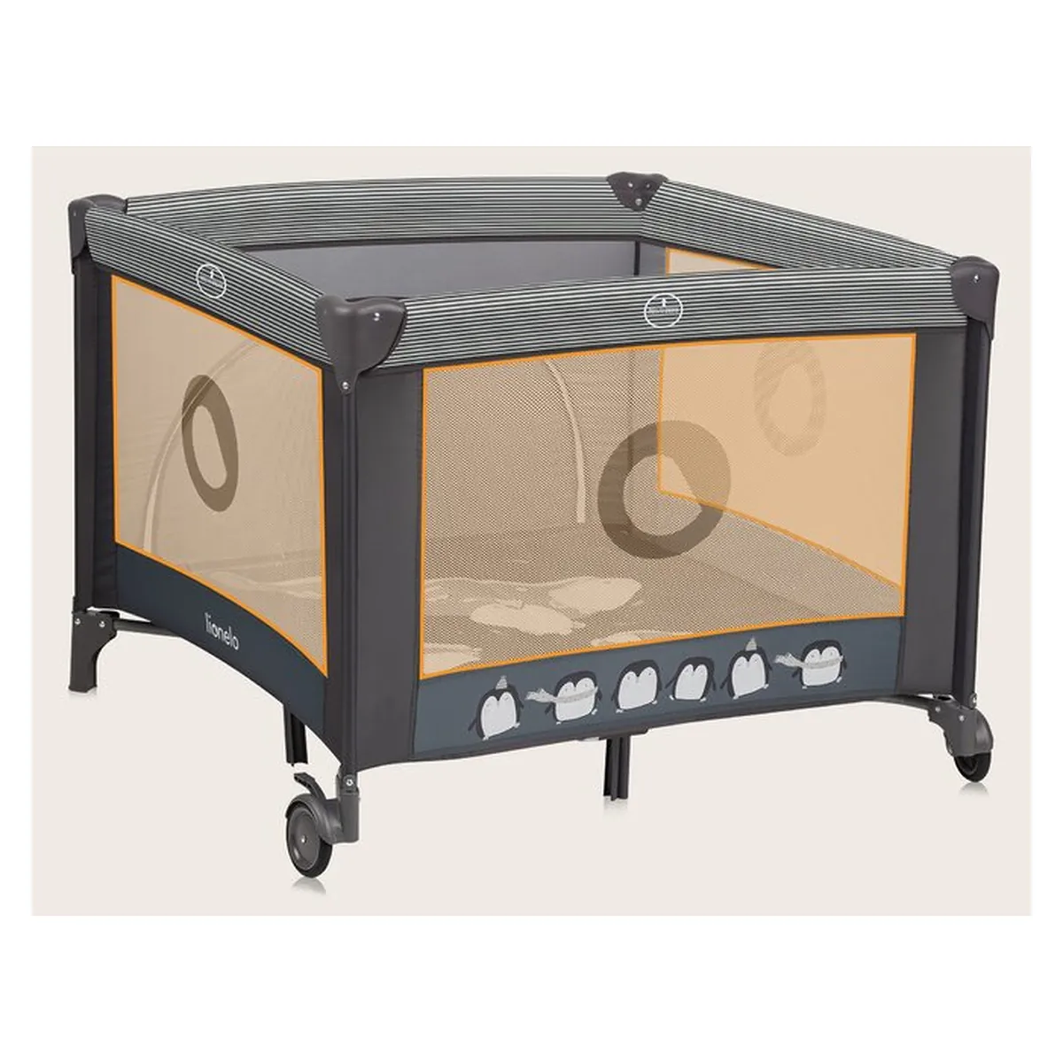 Tarc de joaca copii, Lionelo, Bonnie, Pana la 15 kg, 100 x 100 cm, Cu roti, salteluta din spuma, Gri inchis [19]