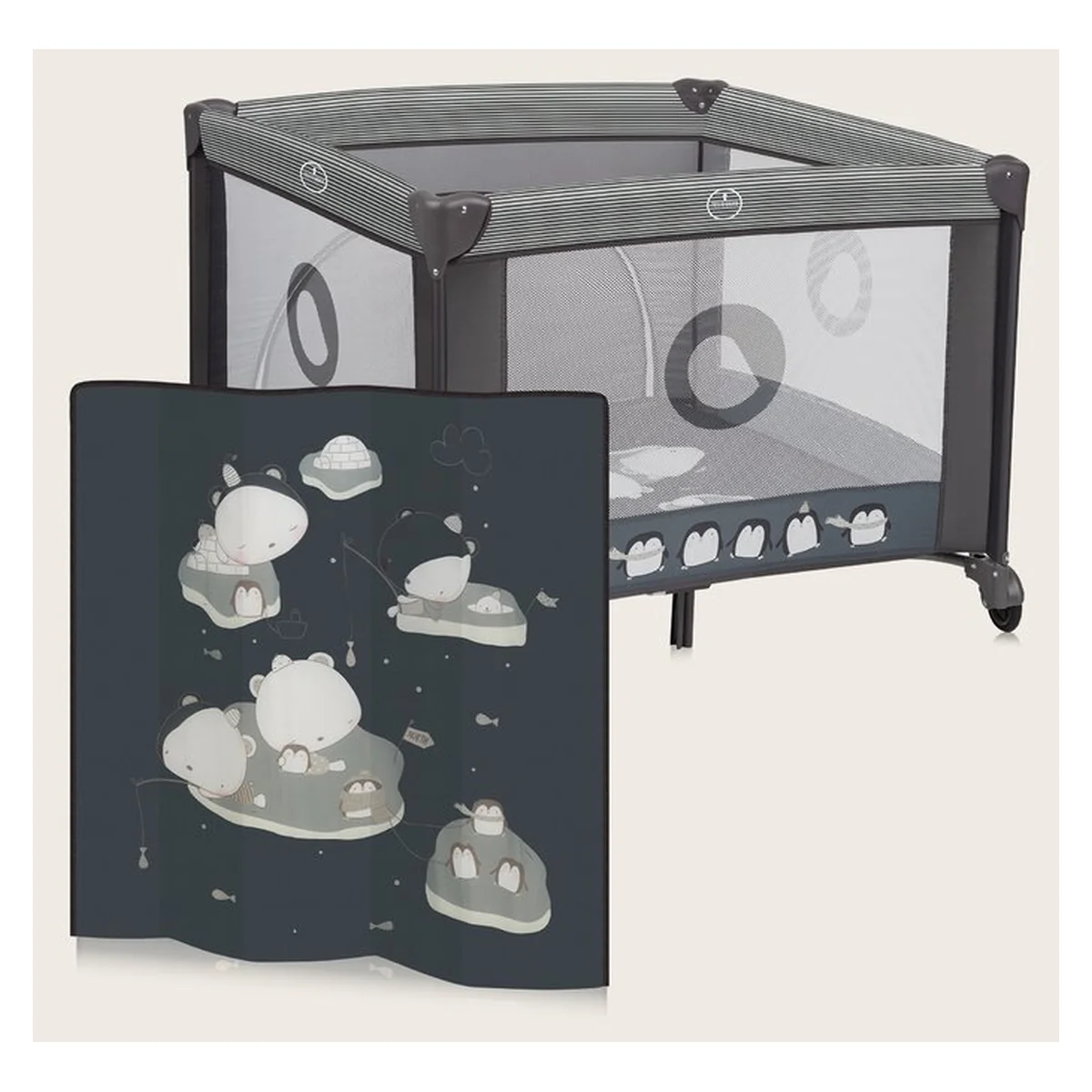 Tarc de joaca copii, Lionelo, Bonnie, Pana la 15 kg, 100 x 100 cm, Cu roti, salteluta din spuma, Gri inchis [17]