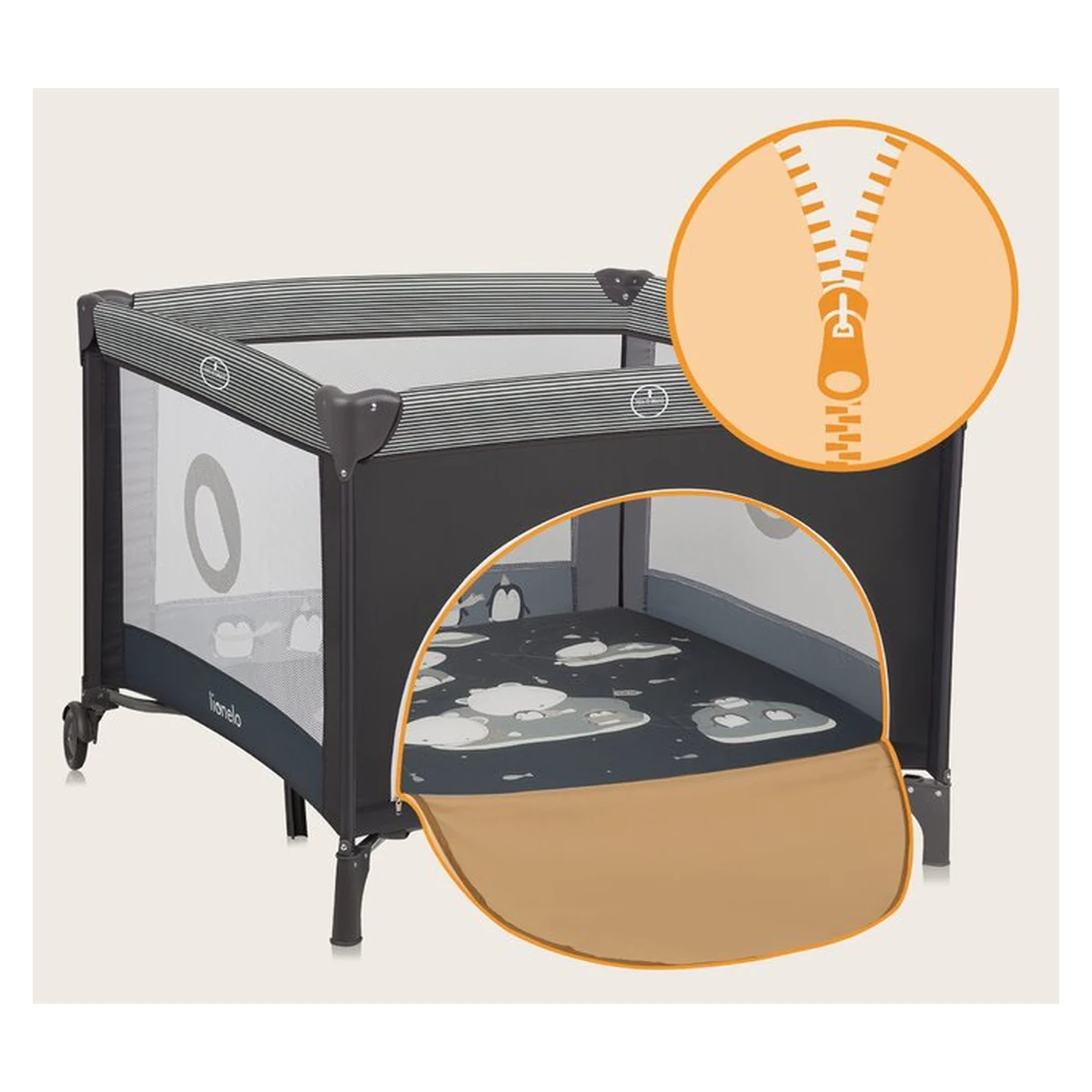 Tarc de joaca copii, Lionelo, Bonnie, Pana la 15 kg, 100 x 100 cm, Cu roti, salteluta din spuma, Gri inchis [20]