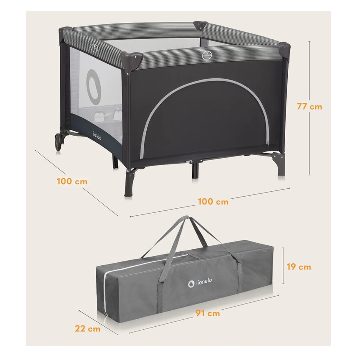Tarc de joaca copii, Lionelo, Bonnie, Pana la 15 kg, 100 x 100 cm, Cu roti, salteluta din spuma, Gri inchis [14]