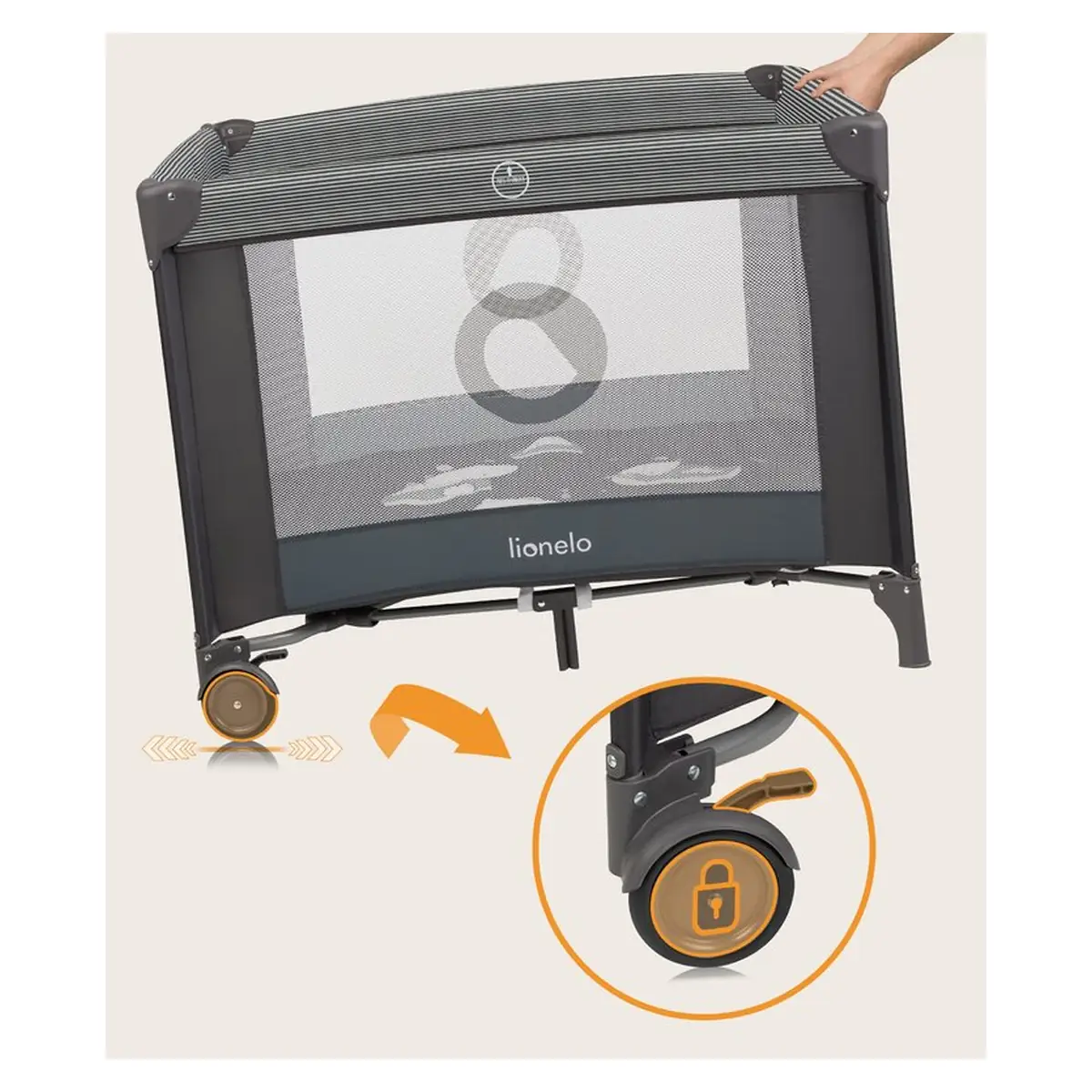 Tarc de joaca copii, Lionelo, Bonnie, Pana la 15 kg, 100 x 100 cm, Cu roti, salteluta din spuma, Gri inchis [18]