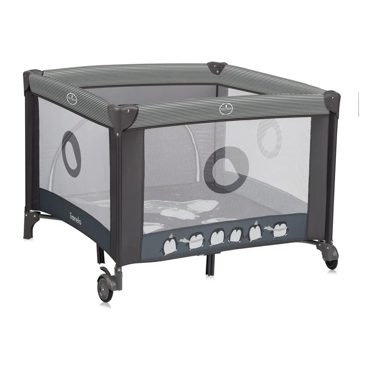 Tarc de joaca copii, Lionelo, Bonnie, Pana la 15 kg, 100 x 100 cm, Cu roti, salteluta din spuma, Gri inchis [6]