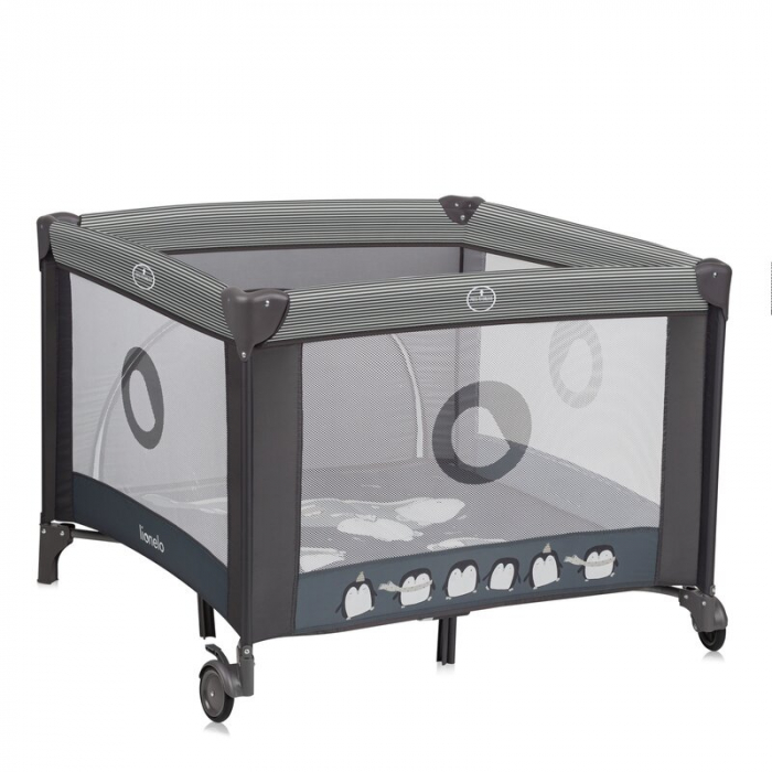 Tarc de joaca copii, Lionelo, Bonnie, Pana la 15 kg, 100 x 100 cm, Cu roti, salteluta din spuma, Gri inchis [5]