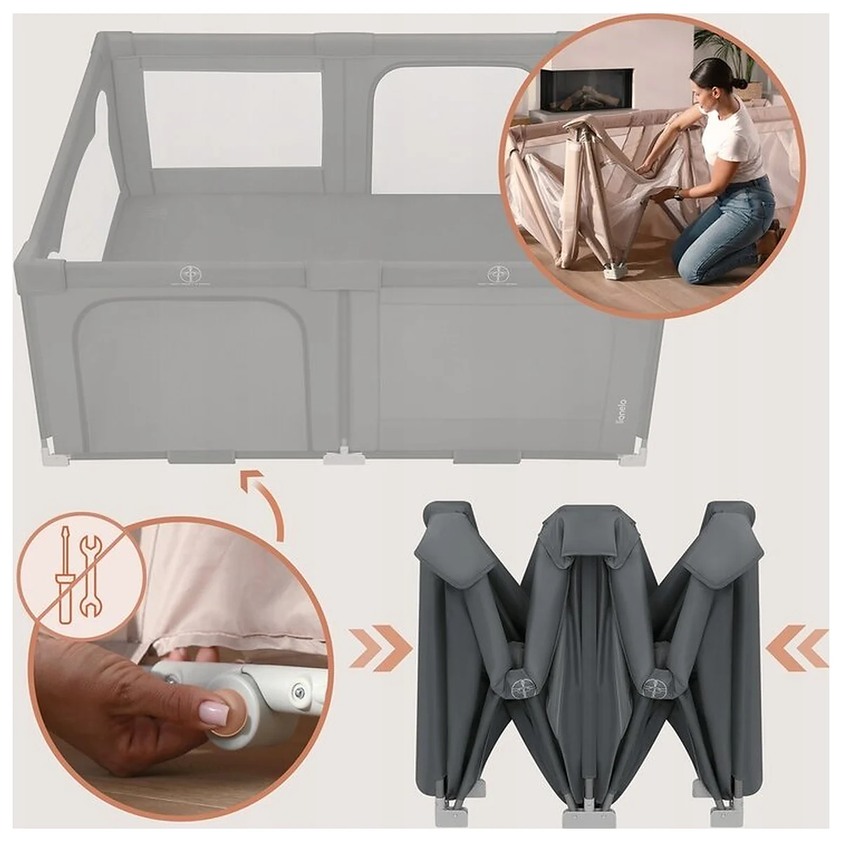 Tarc de joaca copii, Lionelo, Florence Easy Fold, 150 x 180 x 75 cm, Pliere, depliere automata, Include geanta de transport, Din plasa, Cu doua intrari laterale, 0-48 luni, [6]