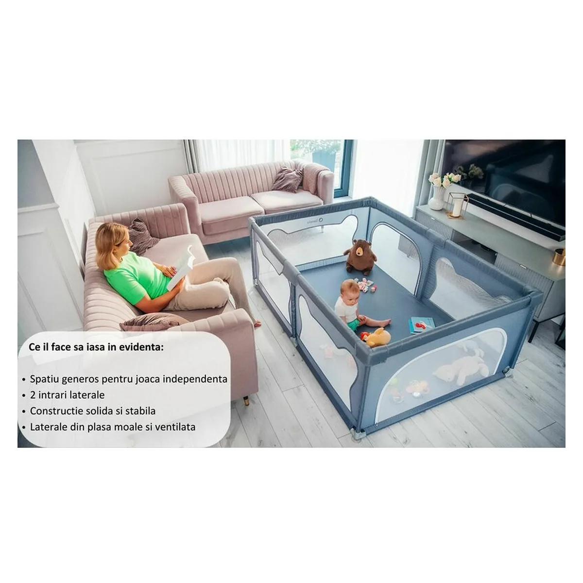 Tarc de joaca copii, Lionelo, Willow, 127 x 187 cm, Cu doua intrari laterale si fermoar [31]
