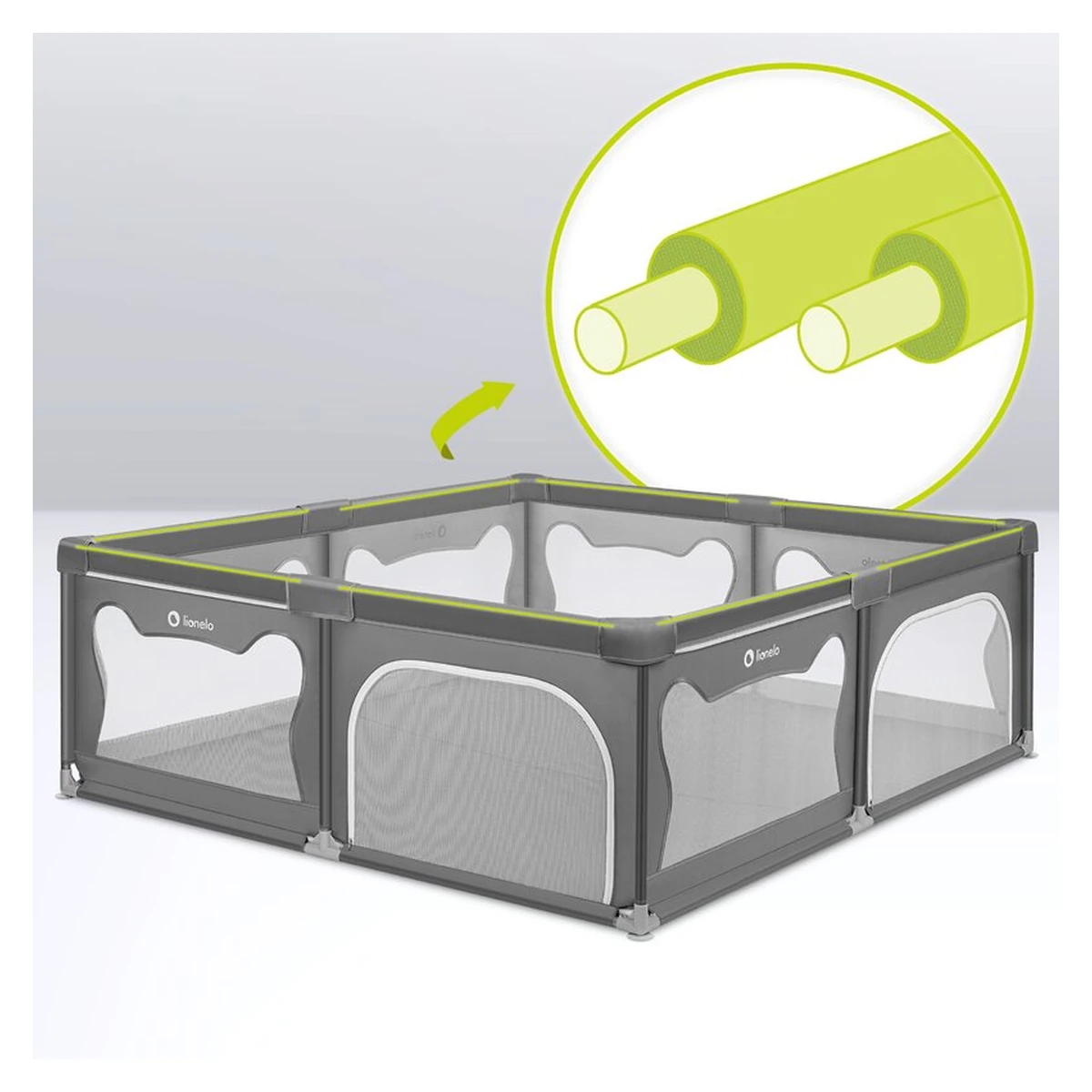 Tarc de joaca copii, Lionelo, Willow XL,180 x 200 cm, Pliere compacta, Include geanta de transport, Din plasa, Cu doua intrari laterale si fermoar, Cu ventuze pentru stabilitate, Conform cu EN 12227:2 [16]