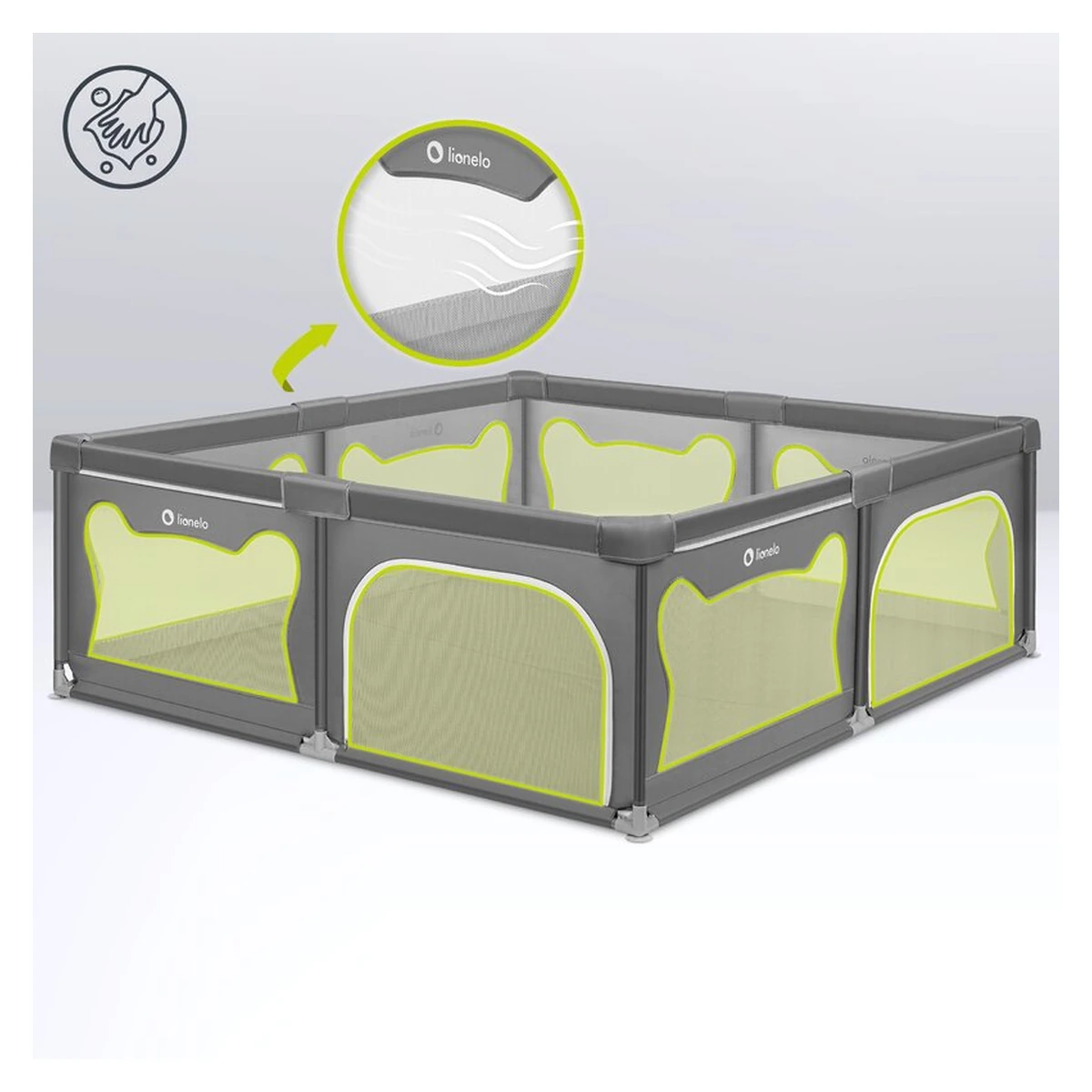 Tarc de joaca copii, Lionelo, Willow XL,180 x 200 cm, Pliere compacta, Include geanta de transport, Din plasa, Cu doua intrari laterale si fermoar, Cu ventuze pentru stabilitate, Conform cu EN 12227:2 [12]