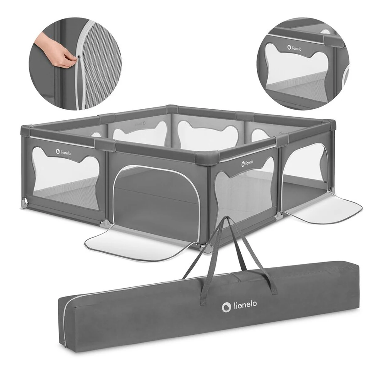 Tarc de joaca copii, Lionelo, Willow XL,180 x 200 cm, Pliere compacta, Include geanta de transport, Din plasa, Cu doua intrari laterale si fermoar, Cu ventuze pentru stabilitate, Conform cu EN 12227:2 [11]