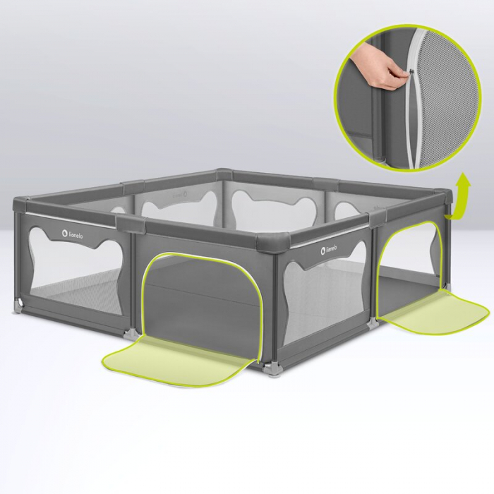 Tarc de joaca copii, Lionelo, Willow XL,180 x 200 cm, Pliere compacta, Include geanta de transport, Din plasa, Cu doua intrari laterale si fermoar, Cu ventuze pentru stabilitate, Conform cu EN 12227:2 [9]