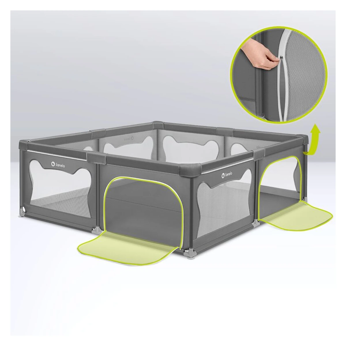 Tarc de joaca copii, Lionelo, Willow XL,180 x 200 cm, Pliere compacta, Include geanta de transport, Din plasa, Cu doua intrari laterale si fermoar, Cu ventuze pentru stabilitate, Conform cu EN 12227:2 [13]