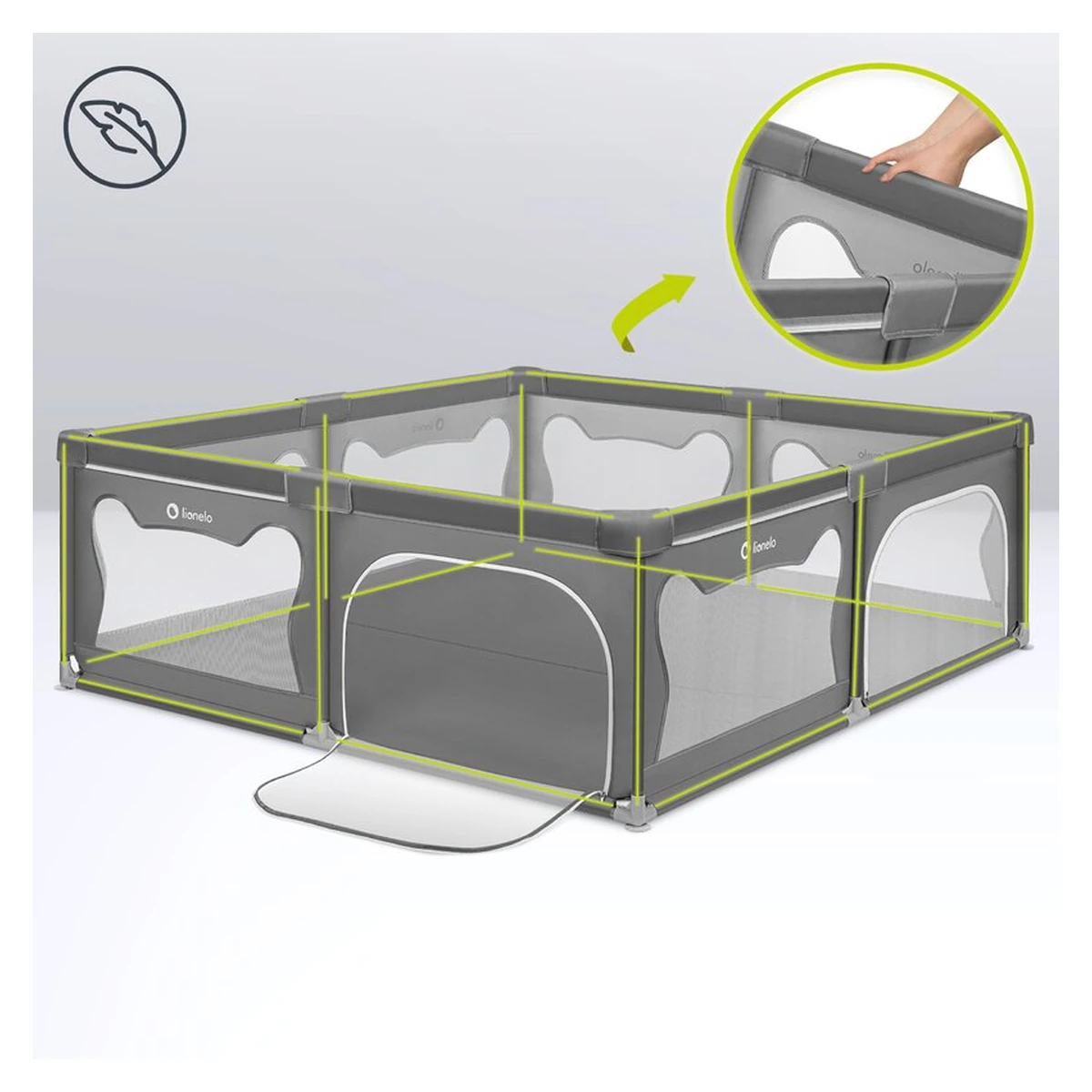 Tarc de joaca copii, Lionelo, Willow XL,180 x 200 cm, Pliere compacta, Include geanta de transport, Din plasa, Cu doua intrari laterale si fermoar, Cu ventuze pentru stabilitate, Conform cu EN 12227:2 [17]