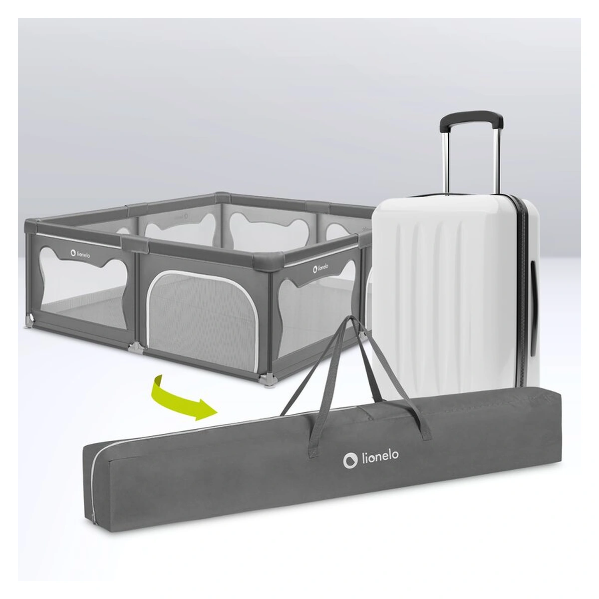 Tarc de joaca copii, Lionelo, Willow XL,180 x 200 cm, Pliere compacta, Include geanta de transport, Din plasa, Cu doua intrari laterale si fermoar, Cu ventuze pentru stabilitate, Conform cu EN 12227:2 [15]