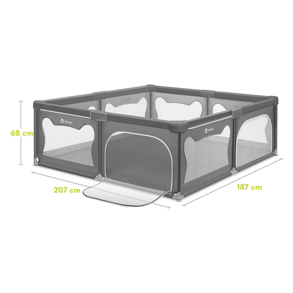 Tarc de joaca copii, Lionelo, Willow XL,180 x 200 cm, Pliere compacta, Include geanta de transport, Din plasa, Cu doua intrari laterale si fermoar, Cu ventuze pentru stabilitate, Conform cu EN 12227:2 [18]