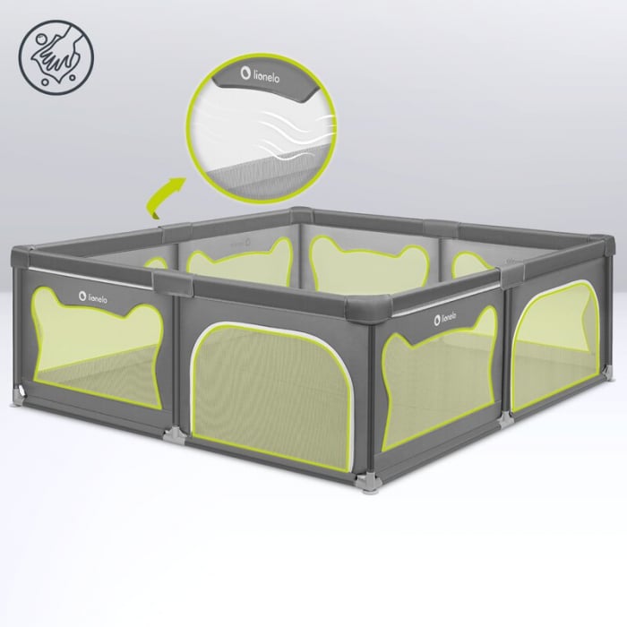 Tarc de joaca copii, Lionelo, Willow XL,180 x 200 cm, Pliere compacta, Include geanta de transport, Din plasa, Cu doua intrari laterale si fermoar, Cu ventuze pentru stabilitate, Conform cu EN 12227:2 [8]