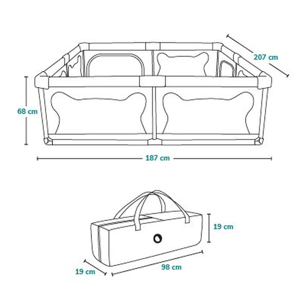 Tarc de joaca copii, Lionelo, Willow XL,180 x 200 cm, Pliere compacta, Include geanta de transport, Din plasa, Cu doua intrari laterale si fermoar, Cu ventuze pentru stabilitate, Conform cu EN 12227:2 [27]