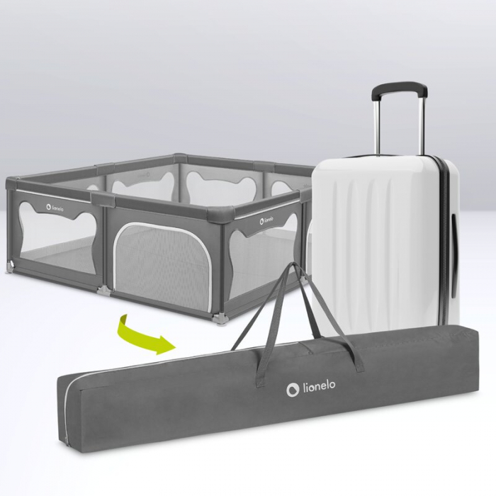 Tarc de joaca copii, Lionelo, Willow XL,180 x 200 cm, Pliere compacta, Include geanta de transport, Din plasa, Cu doua intrari laterale si fermoar, Cu ventuze pentru stabilitate, Conform cu EN 12227:2 [10]