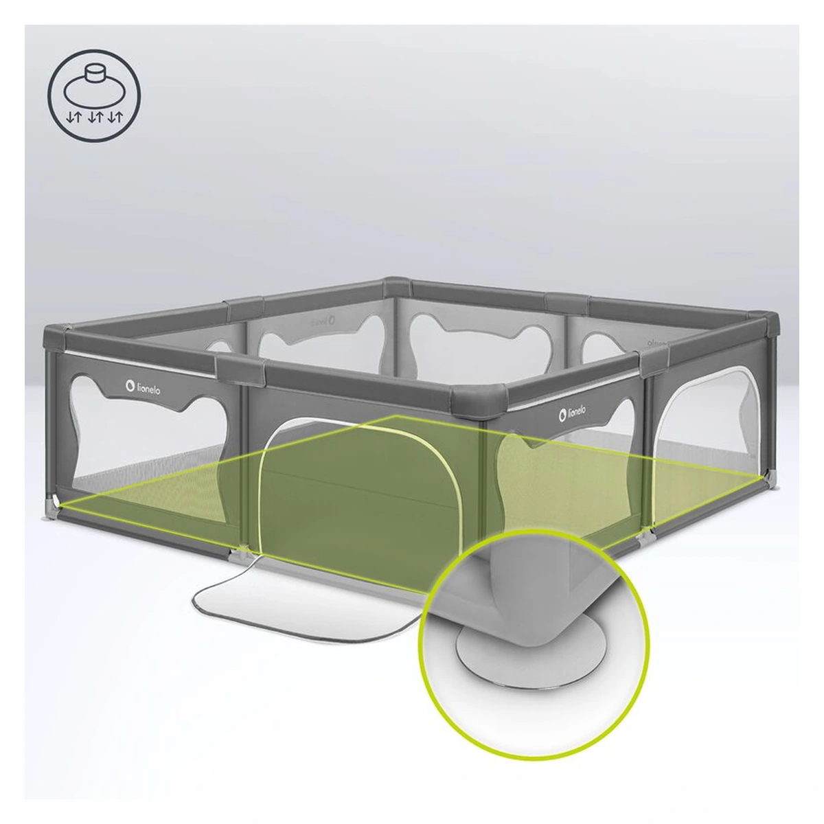 Tarc de joaca copii, Lionelo, Willow XL,180 x 200 cm, Pliere compacta, Include geanta de transport, Din plasa, Cu doua intrari laterale si fermoar, Cu ventuze pentru stabilitate, Conform cu EN 12227:2 [14]