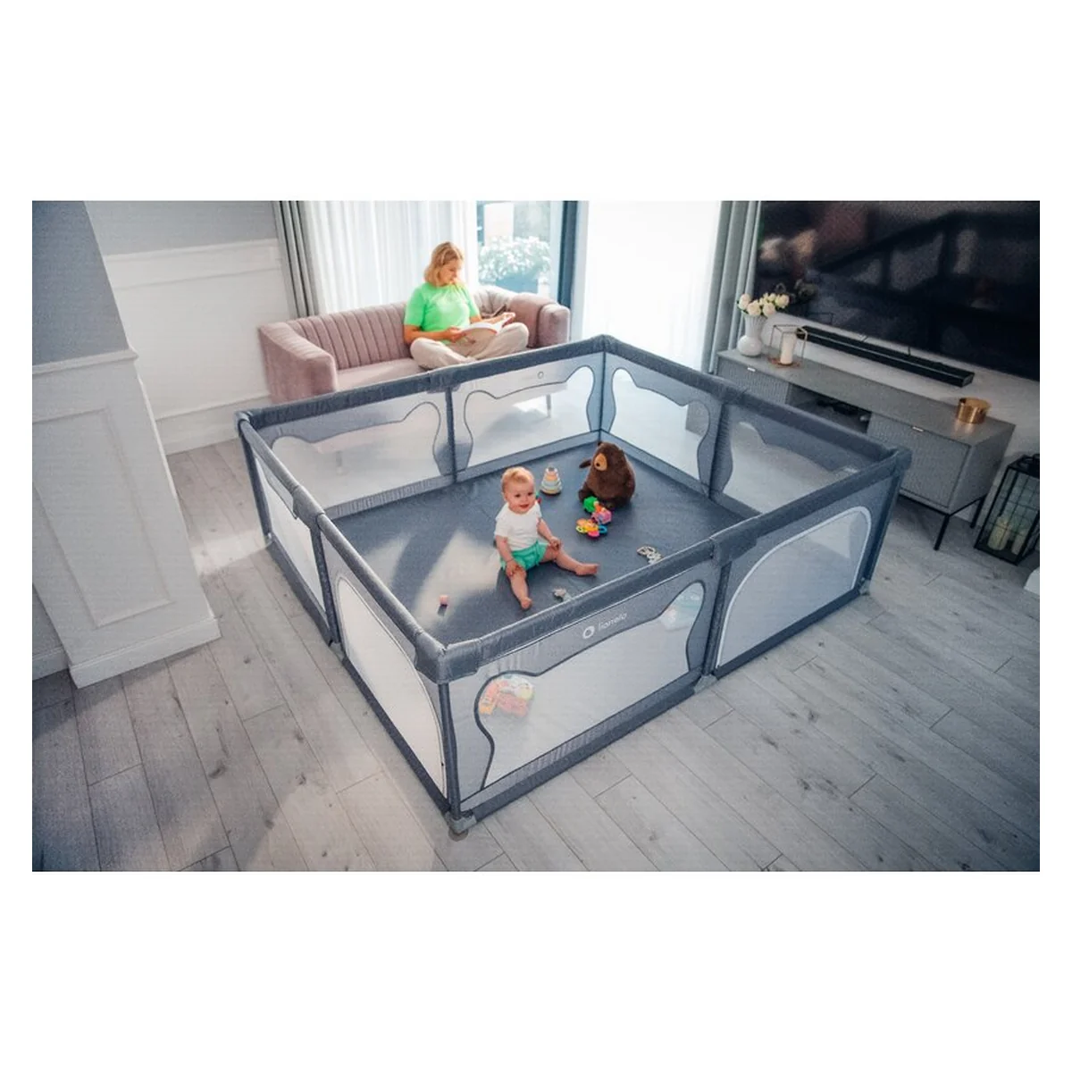 Tarc de joaca copii, Lionelo, Willow XL,180 x 200 cm, Pliere compacta, Include geanta de transport, Din plasa, Cu doua intrari laterale si fermoar, Cu ventuze pentru stabilitate, Conform cu EN 12227:2 [19]