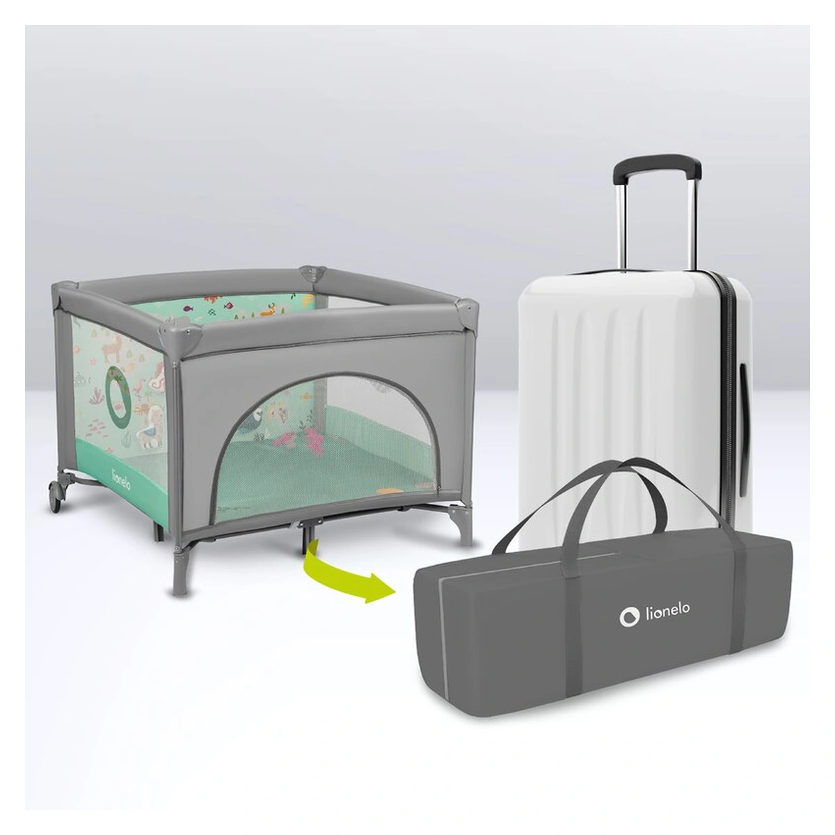 Tarc de joaca Mille, Pliabil, Include covor educational incorporat cu 4 jucarii Velcro si geanta de transport, Cu roti si inchidere laterala, Saltea din spuma, 100x100 cm Verde [19]