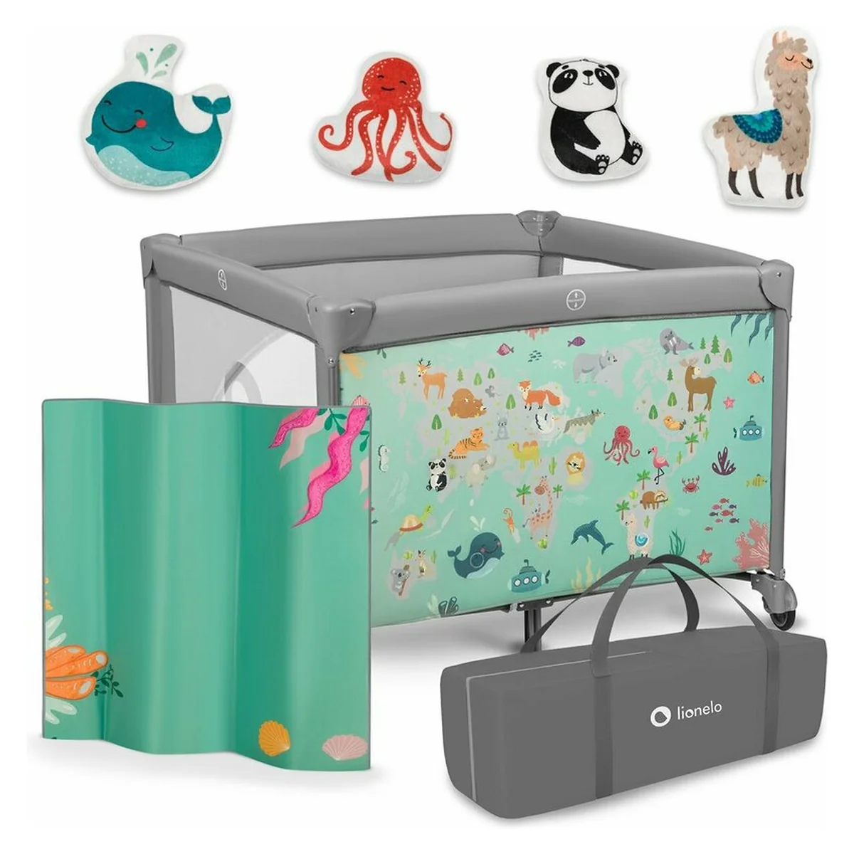 Tarc de joaca Mille, Pliabil, Include covor educational incorporat cu 4 jucarii Velcro si geanta de transport, Cu roti si inchidere laterala, Saltea din spuma, 100x100 cm Verde [3]