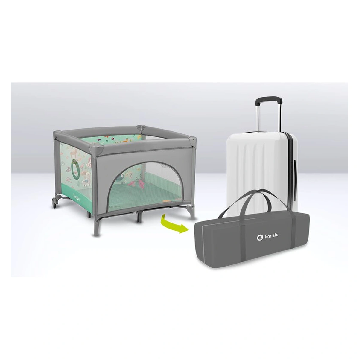 Tarc de joaca Mille, Pliabil, Include covor educational incorporat cu 4 jucarii Velcro si geanta de transport, Cu roti si inchidere laterala, Saltea din spuma, 100x100 cm Verde [18]