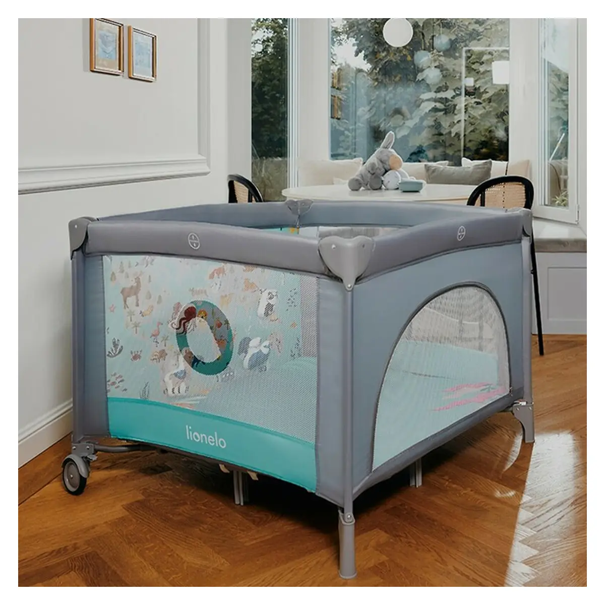 Tarc de joaca Mille, Pliabil, Include covor educational incorporat cu 4 jucarii Velcro si geanta de transport, Cu roti si inchidere laterala, Saltea din spuma, 100x100 cm Verde [6]