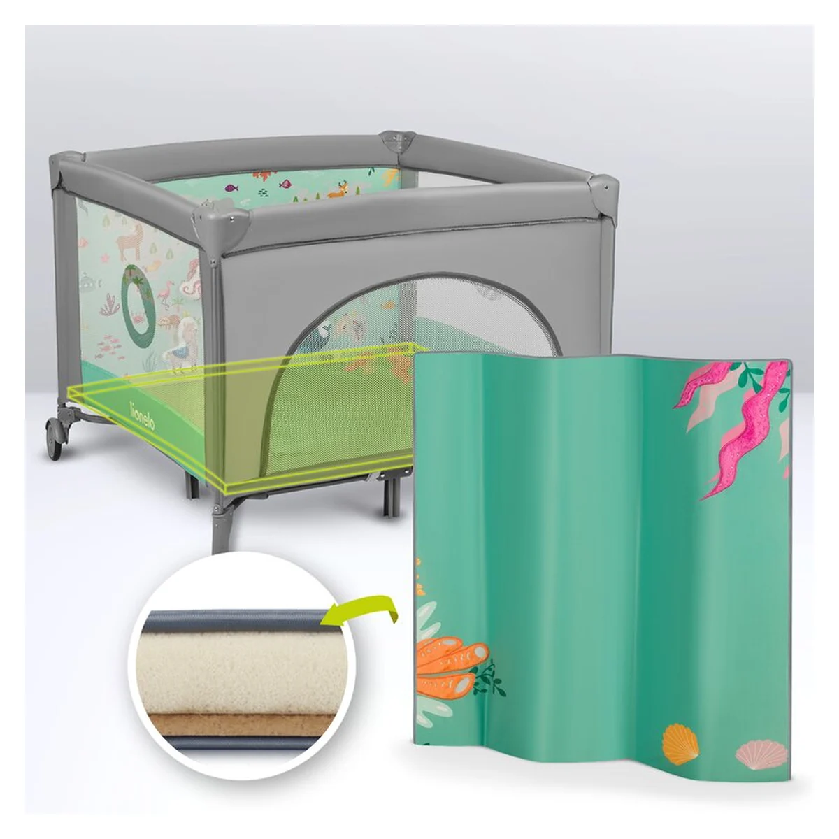 Tarc de joaca Mille, Pliabil, Include covor educational incorporat cu 4 jucarii Velcro si geanta de transport, Cu roti si inchidere laterala, Saltea din spuma, 100x100 cm Verde [17]