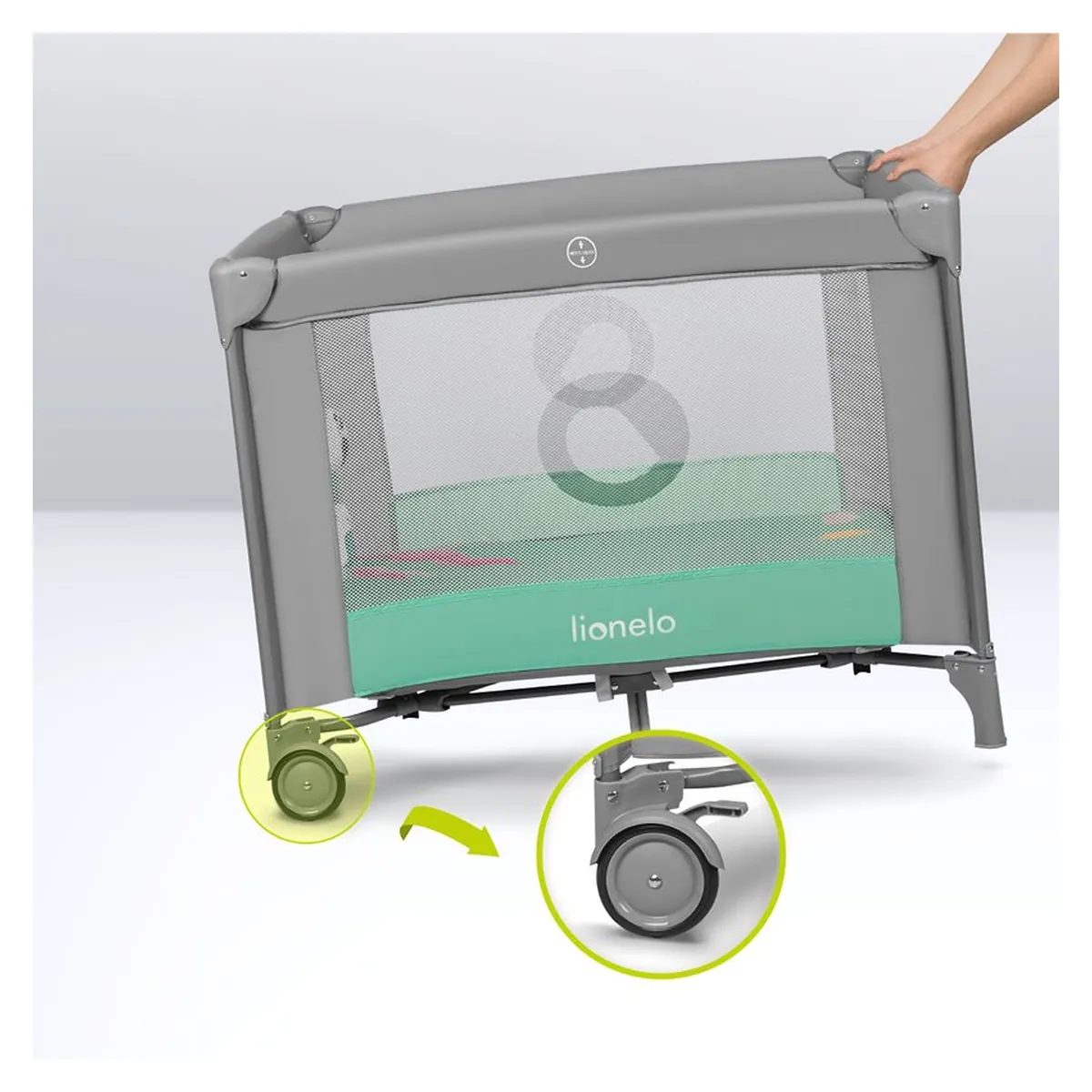 Tarc de joaca Mille, Pliabil, Include covor educational incorporat cu 4 jucarii Velcro si geanta de transport, Cu roti si inchidere laterala, Saltea din spuma, 100x100 cm Verde [21]