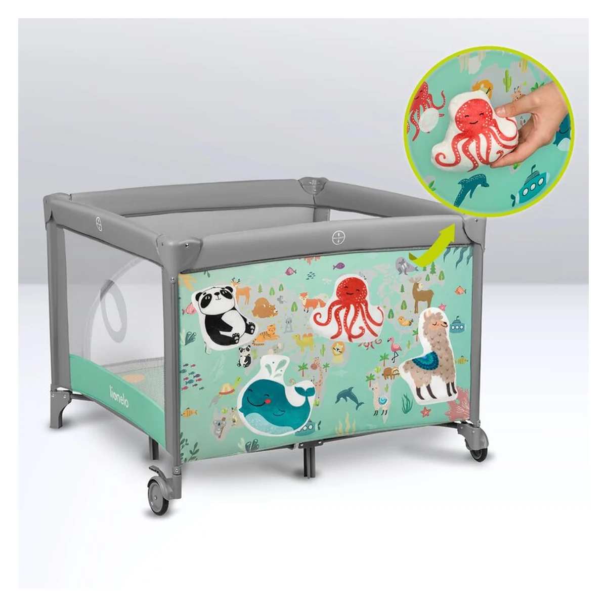 Tarc de joaca Mille, Pliabil, Include covor educational incorporat cu 4 jucarii Velcro si geanta de transport, Cu roti si inchidere laterala, Saltea din spuma, 100x100 cm Verde [16]