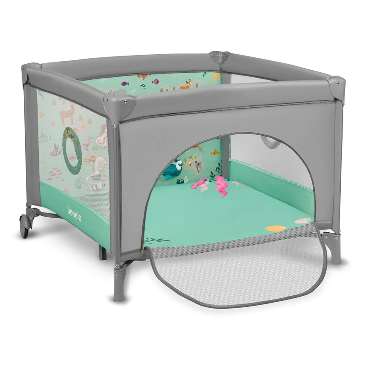 Tarc de joaca Mille, Pliabil, Include covor educational incorporat cu 4 jucarii Velcro si geanta de transport, Cu roti si inchidere laterala, Saltea din spuma, 100x100 cm Verde [4]