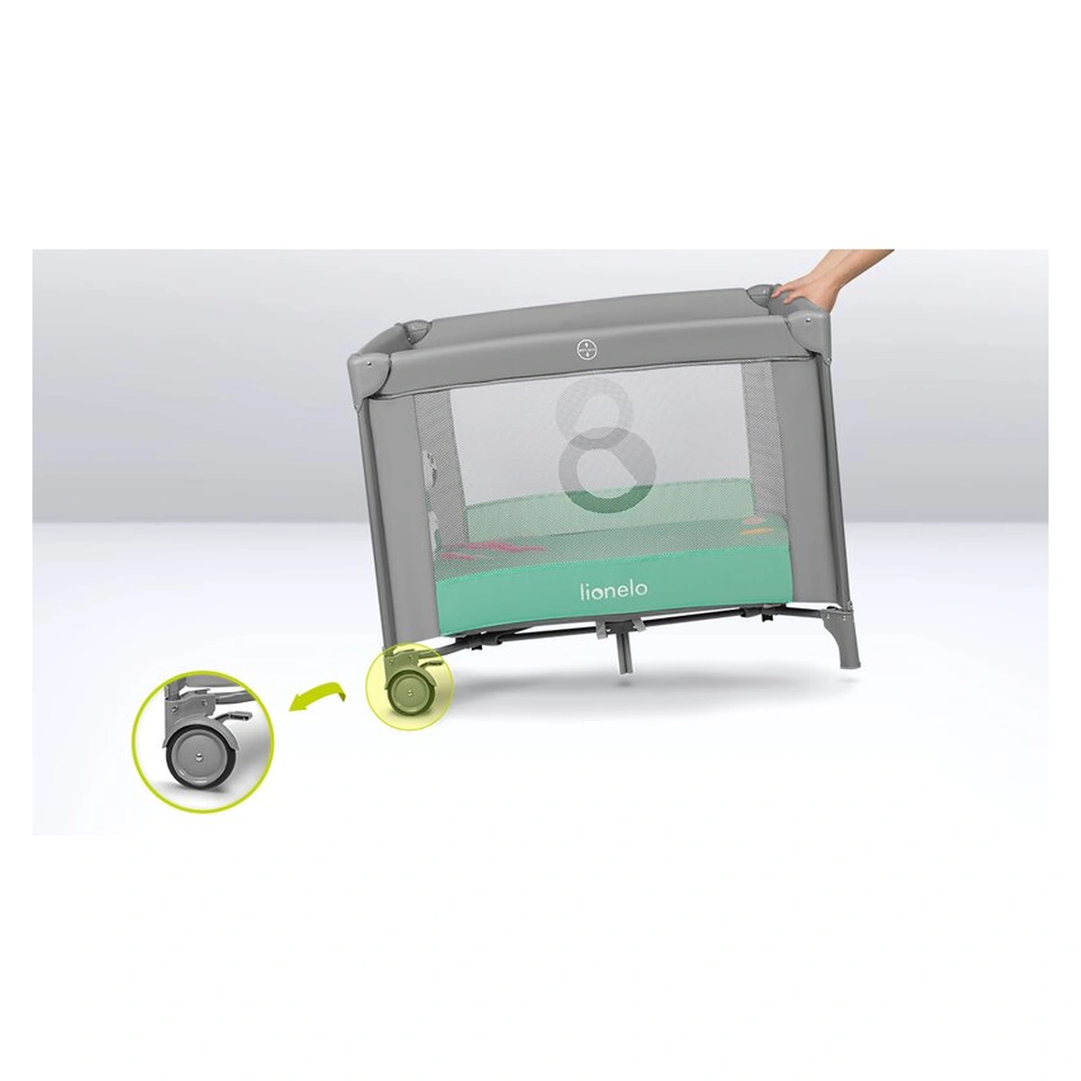 Tarc de joaca Mille, Pliabil, Include covor educational incorporat cu 4 jucarii Velcro si geanta de transport, Cu roti si inchidere laterala, Saltea din spuma, 100x100 cm Verde [20]